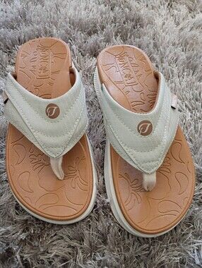 White and Tan Flip Flop Sandals with Logo